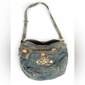 Floral Embroidered Denim Shoulder Bag